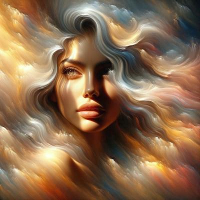 The primary subject of the image is a woman with blonde hair, who appears to be a model. She is the main focus of the image, and her features are highlighted in the foreground. The setting is a cloudy sky, which serves as the backdrop for the woman's portrait. The visual style of the image is a combination of photo and digital art, creating a unique and artistic representation of the woman. The colors and mood of the image are predominantly warm and inviting, with the woman's